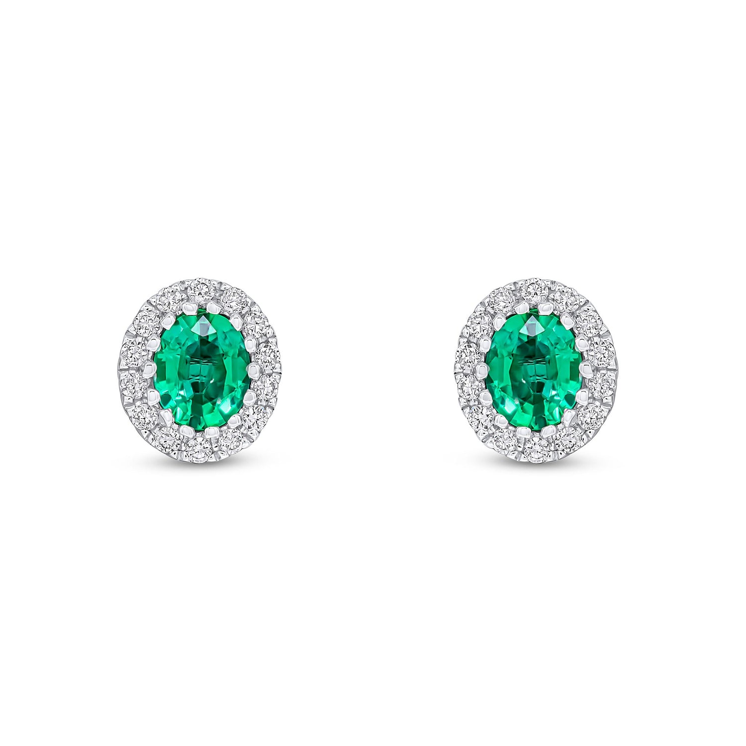 18ct White Gold Oval Natural Emerald and Diamond Cluster Earrings — 5x4mm