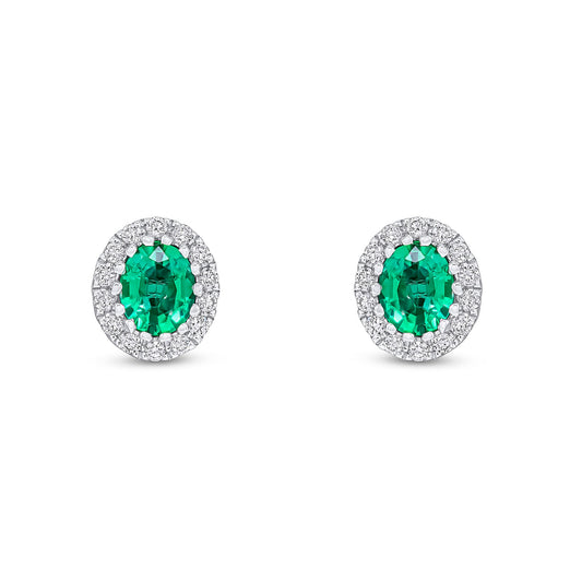 18ct White Gold Oval Natural Emerald and Diamond Cluster Earrings — 5x4mm