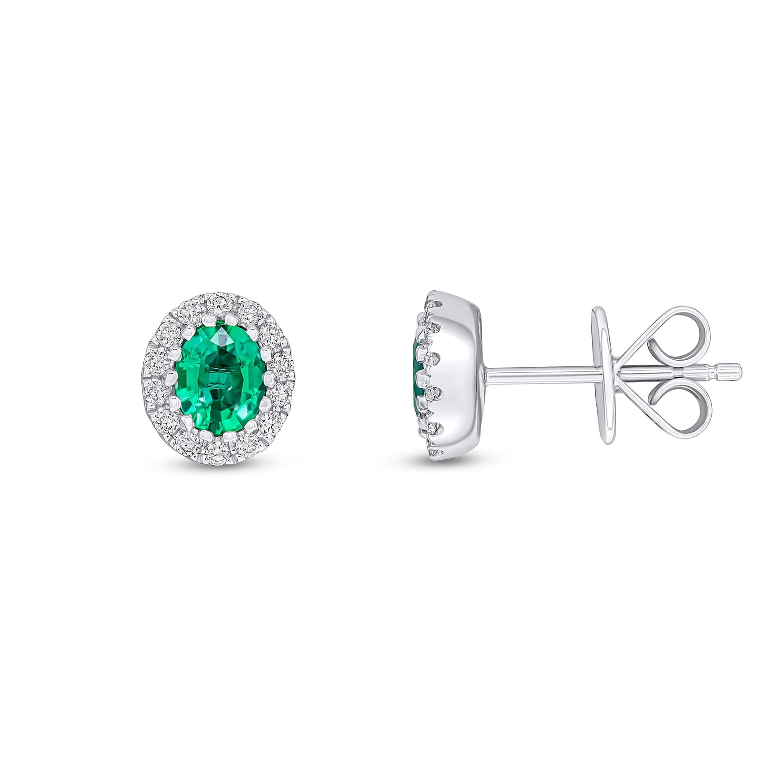 18ct White Gold Oval Natural Emerald and Diamond Cluster Earrings — 5x4mm