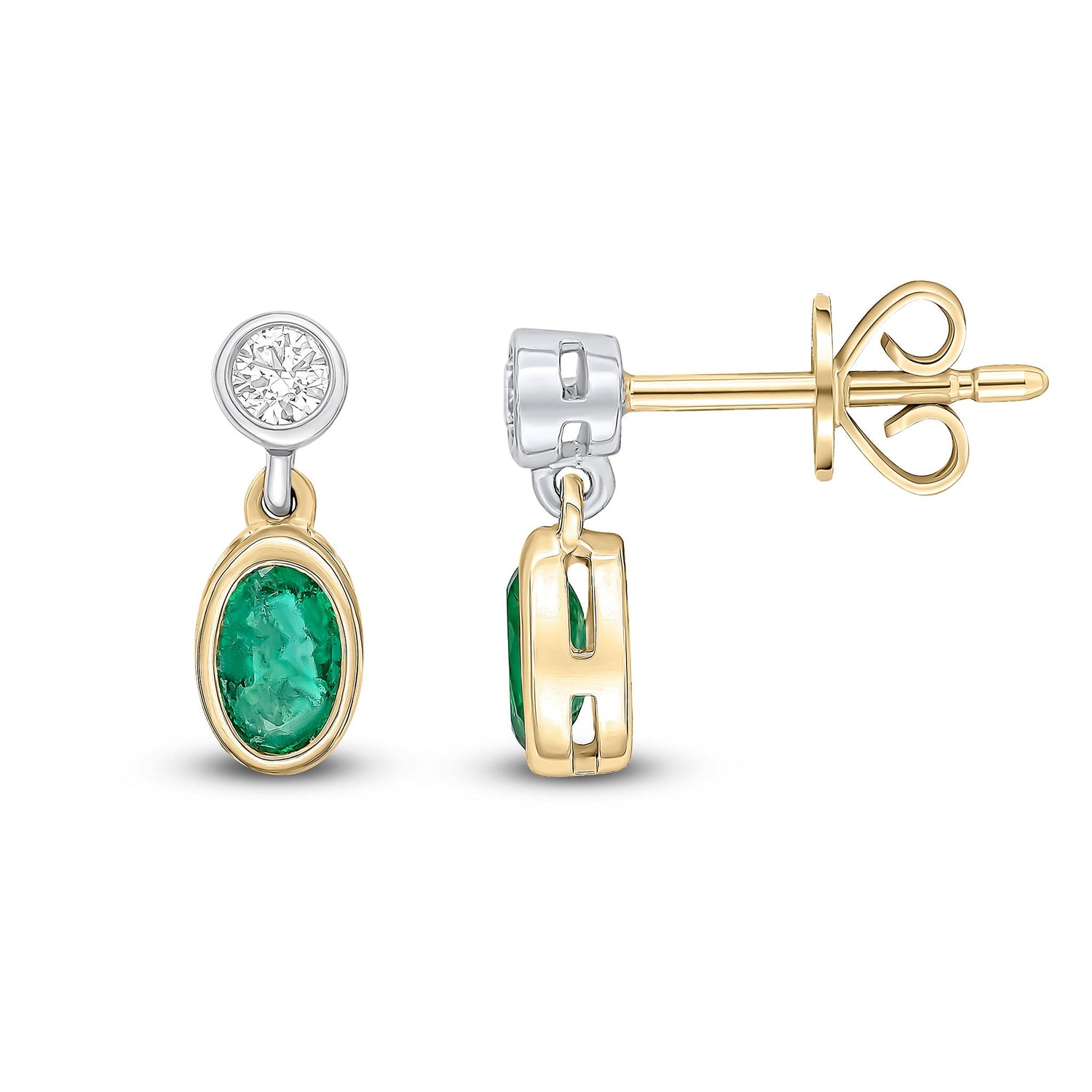 18ct Yellow and White Gold Oval Natural Emerald and Round Diamond Two Stone Earrings — 5x3mm