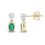 18ct Yellow and White Gold Oval Natural Emerald & Diamond Two Stone Rubover Drop Earrings — 5x3mm