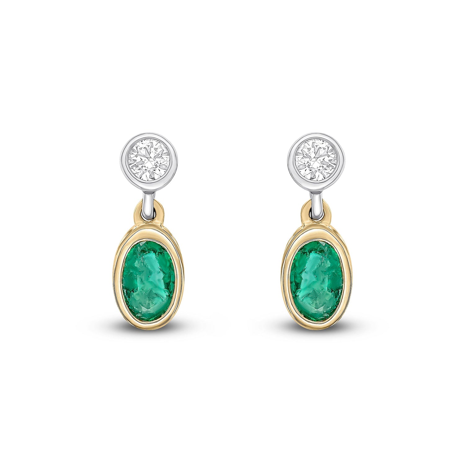 18ct Yellow and White Gold Oval Natural Emerald and Round Diamond Two Stone Earrings — 5x3mm