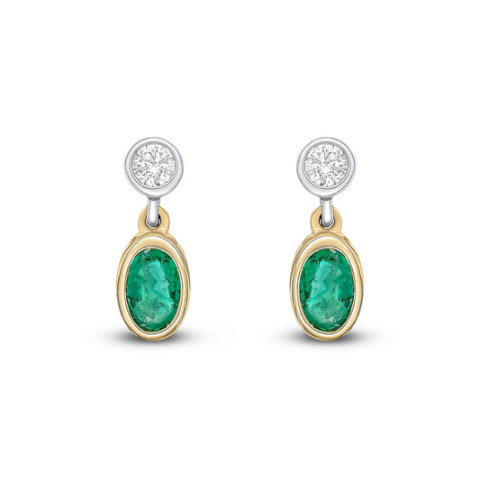 18ct Yellow and White Gold Oval Natural Emerald and Round Diamond Two Stone Earrings — 5x3mm