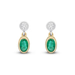 18ct Yellow and White Gold Oval Natural Emerald & Diamond Two Stone Rubover Drop Earrings — 5x3mm