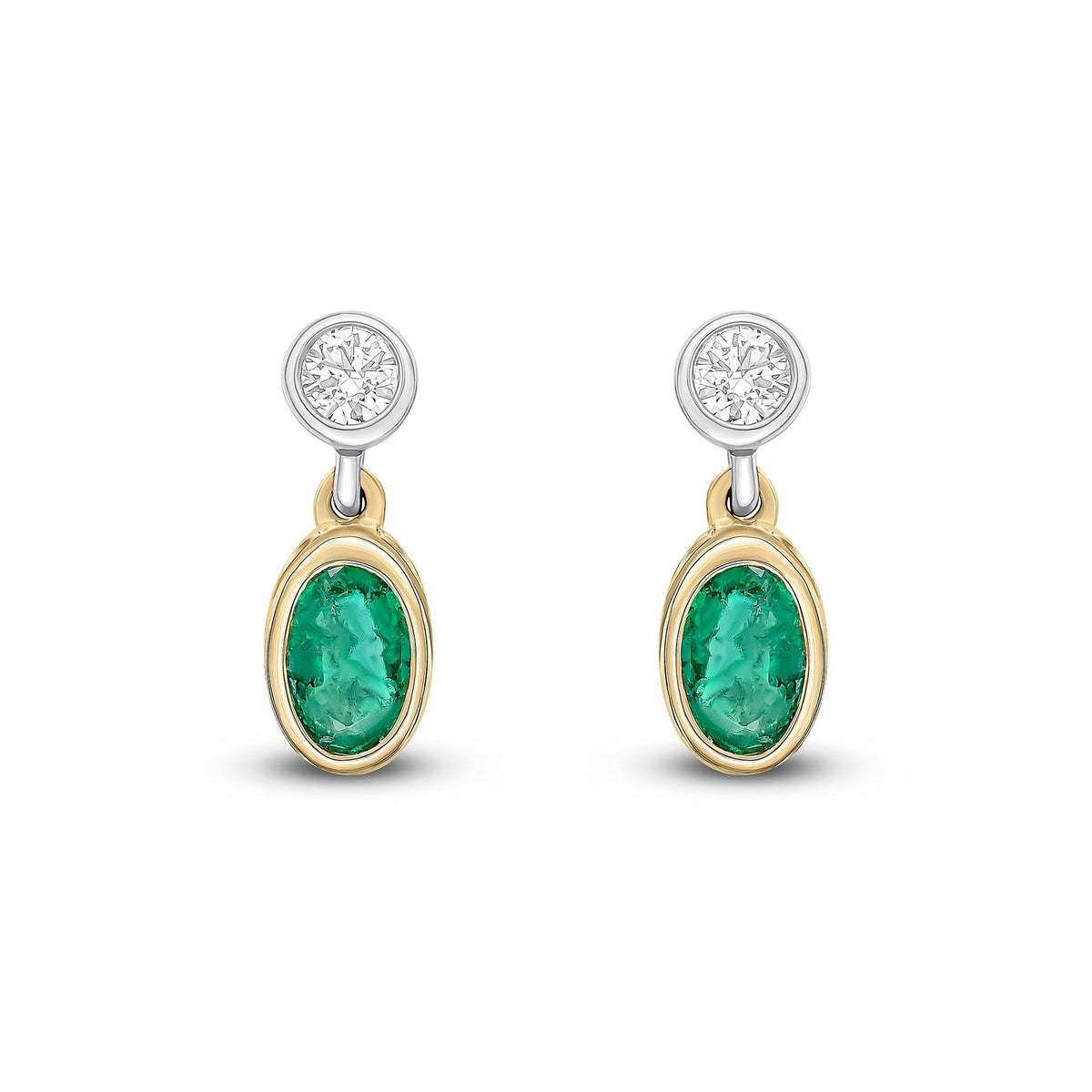 18ct Yellow and White Gold Oval Natural Emerald & Diamond Two Stone Rubover Drop Earrings — 5x3mm