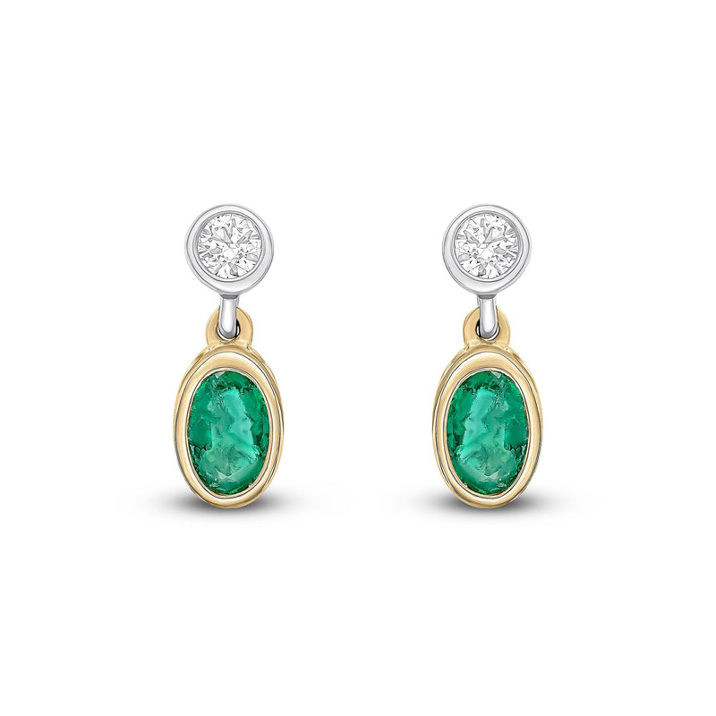 18ct Yellow and White Gold Oval Natural Emerald & Diamond Two Stone Rubover Drop Earrings — 5x3mm