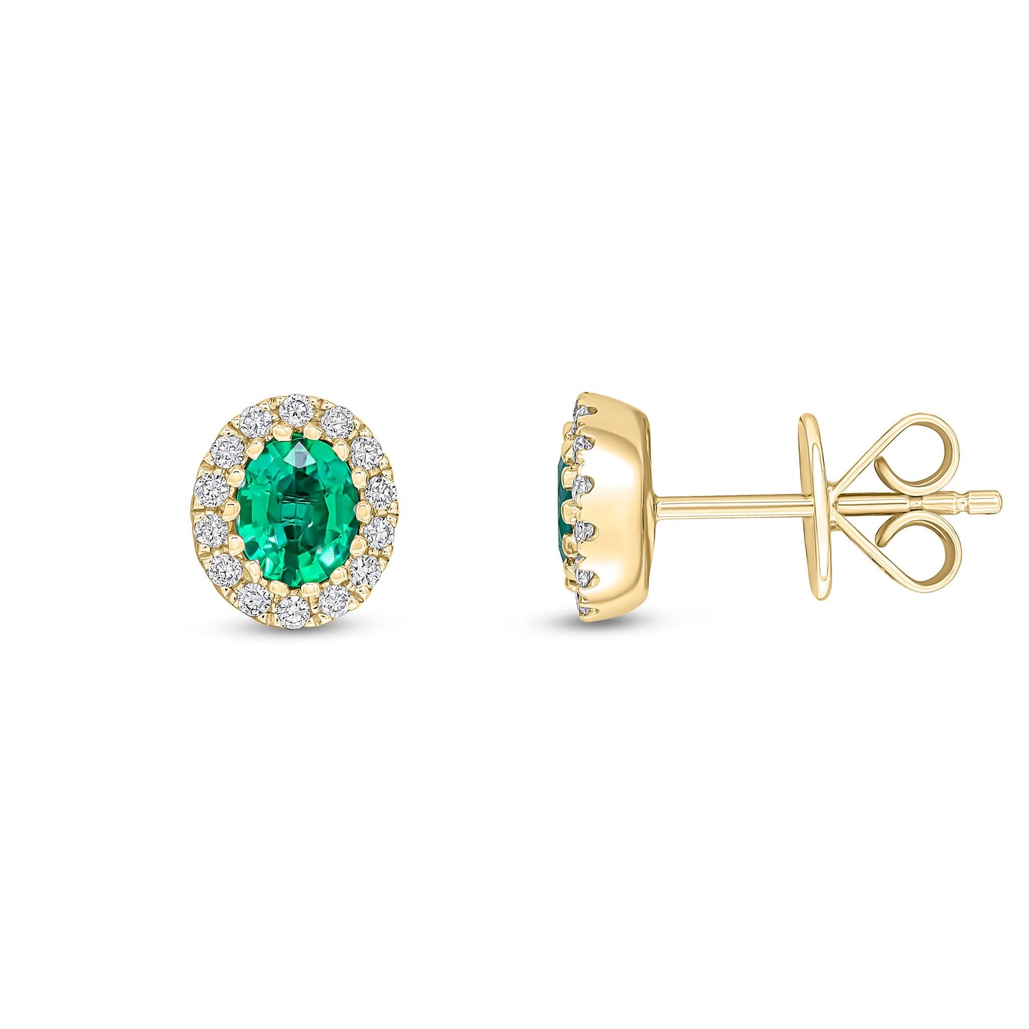 18ct Yellow Gold Oval Natural Emerald and Diamond Cluster Earrings — 5x4mm