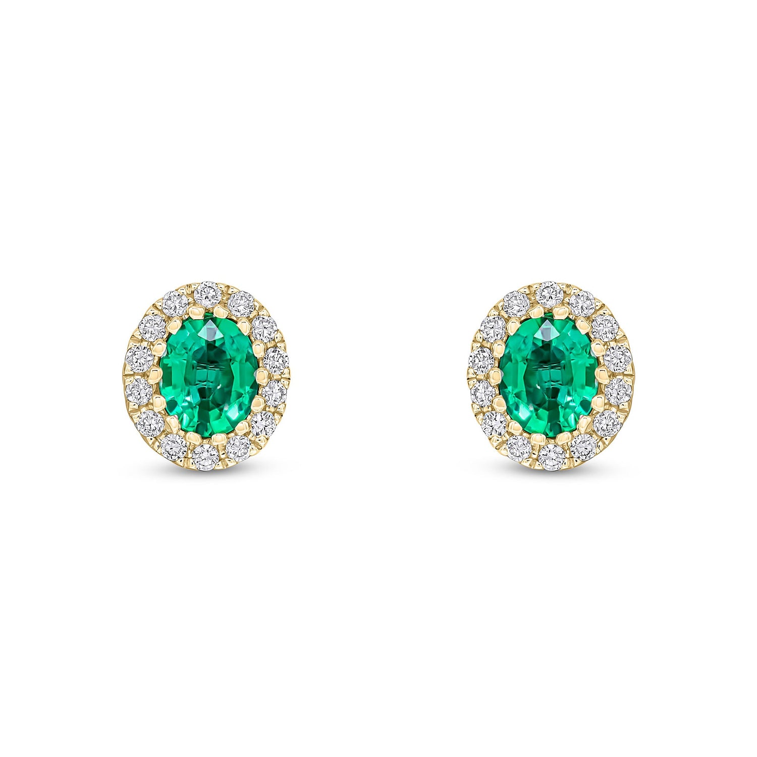 18ct Yellow Gold Oval Natural Emerald and Diamond Cluster Earrings — 5x4mm