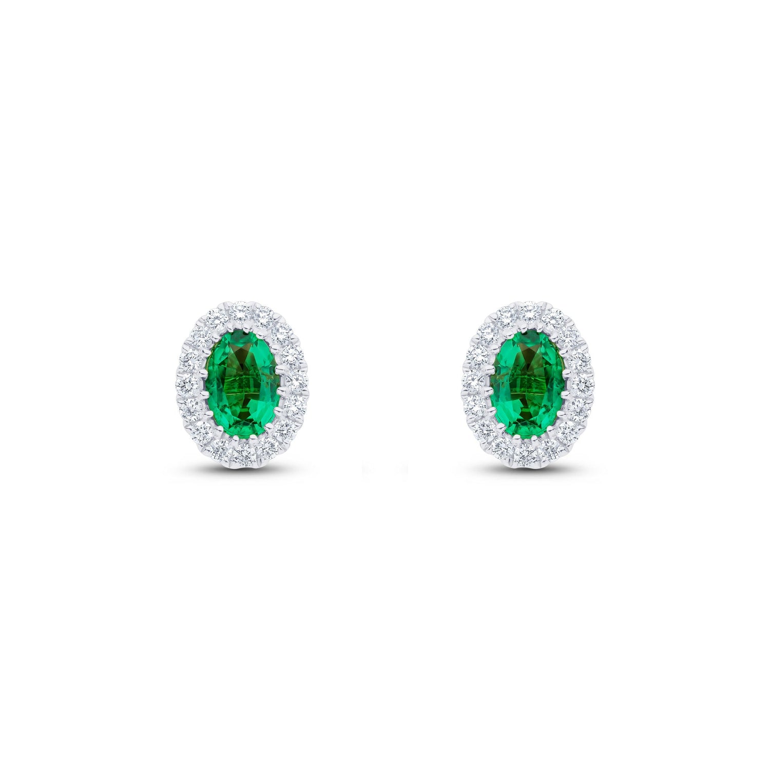 18ct White Gold Oval Emerald & Diamond Cluster Stud Earrings