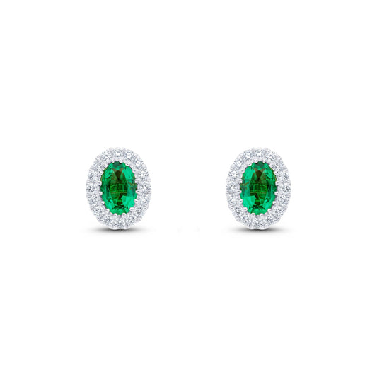18ct White Gold Oval Emerald & Diamond Cluster Stud Earrings