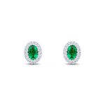 18ct White Gold Oval Natural Emerald & Diamond Halo Cluster Stud Earrings — 6x4mm
