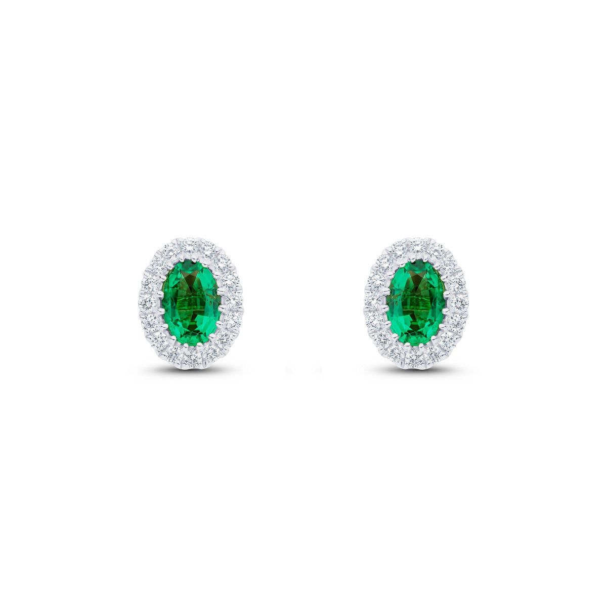 18ct White Gold Oval Natural Emerald & Diamond Halo Cluster Stud Earrings — 6x4mm