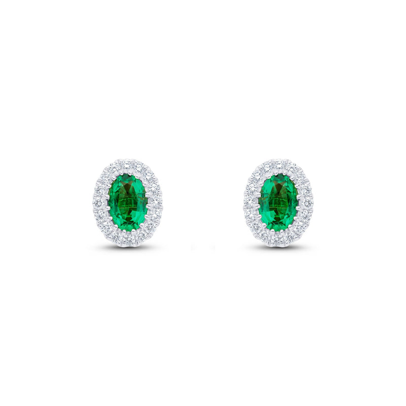 18ct White Gold Oval Natural Emerald & Diamond Halo Cluster Stud Earrings — 6x4mm