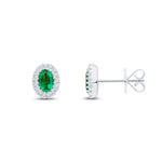 18ct White Gold Oval Natural Emerald & Diamond Halo Cluster Stud Earrings — 6x4mm