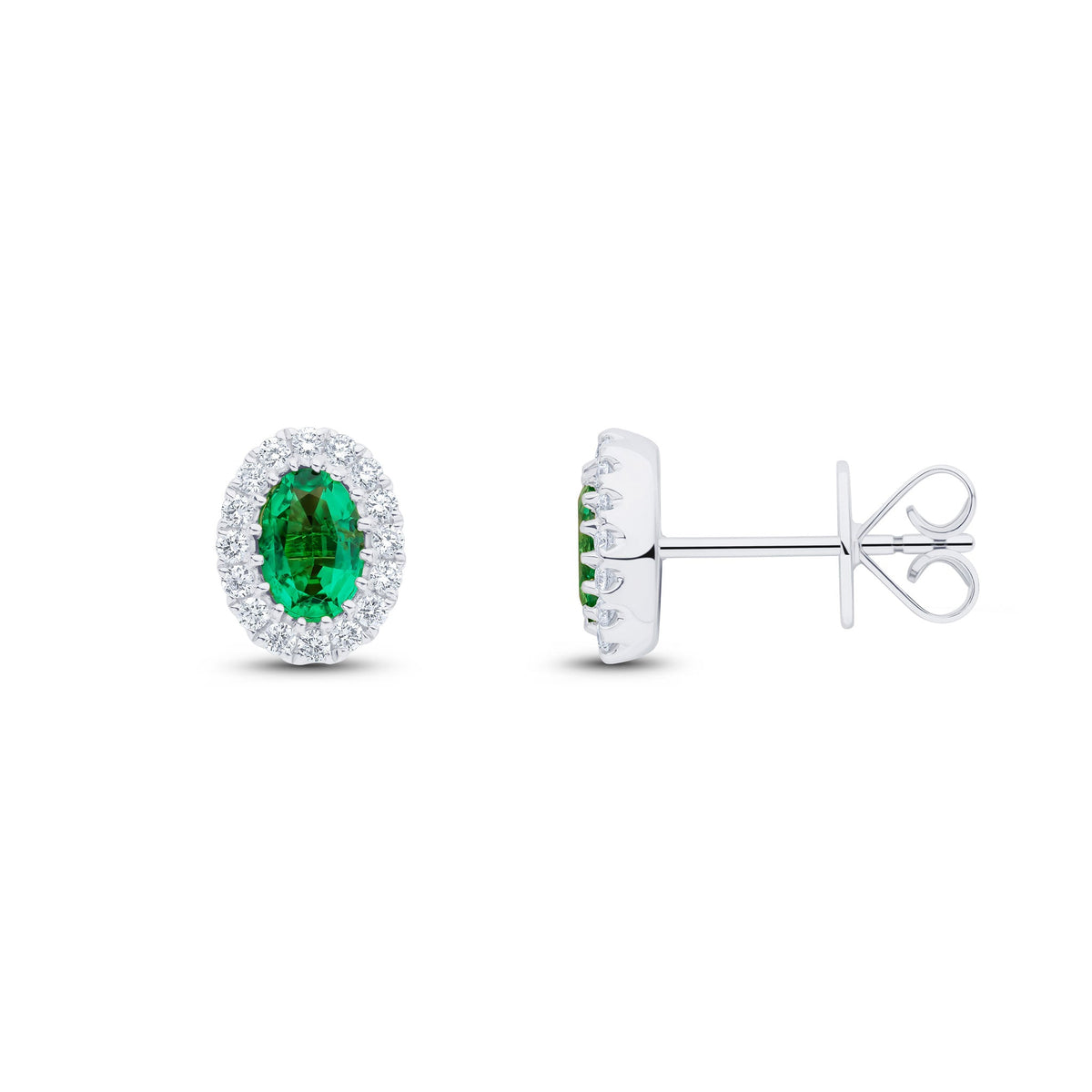 18ct White Gold Oval Natural Emerald & Diamond Halo Cluster Stud Earrings — 6x4mm