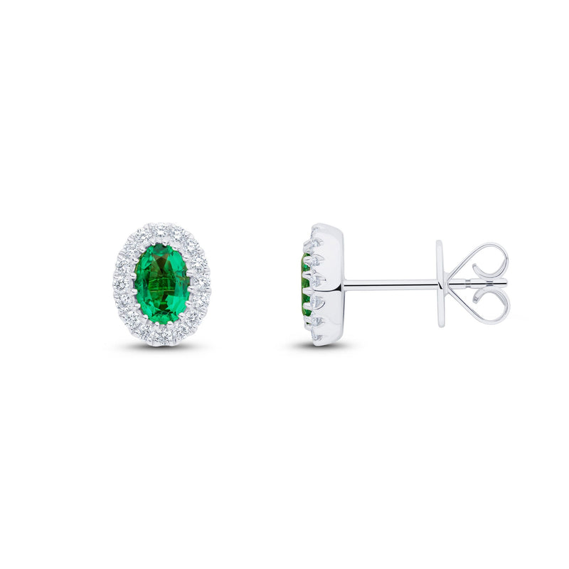 18ct White Gold Oval Natural Emerald & Diamond Halo Cluster Stud Earrings — 6x4mm