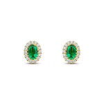 18ct Yellow Gold Oval Natural Emerald & Diamond Halo Cluster Stud Earrings — 6x4mm