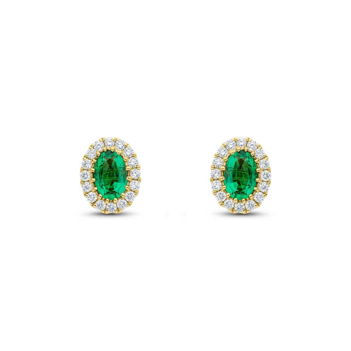 18ct Yellow Gold Oval Natural Emerald & Diamond Halo Cluster Stud Earrings — 6x4mm