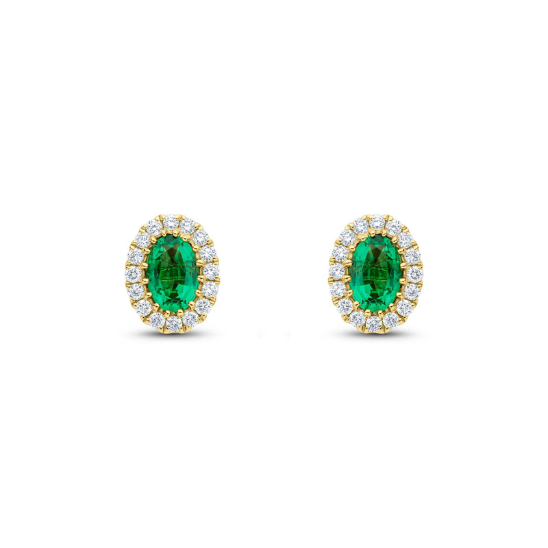 18ct Yellow Gold Oval Natural Emerald & Diamond Halo Cluster Stud Earrings — 6x4mm
