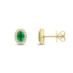 18ct Yellow Gold Oval Natural Emerald & Diamond Halo Cluster Stud Earrings — 6x4mm