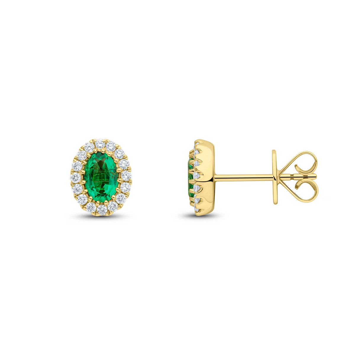 18ct Yellow Gold Oval Natural Emerald & Diamond Halo Cluster Stud Earrings — 6x4mm