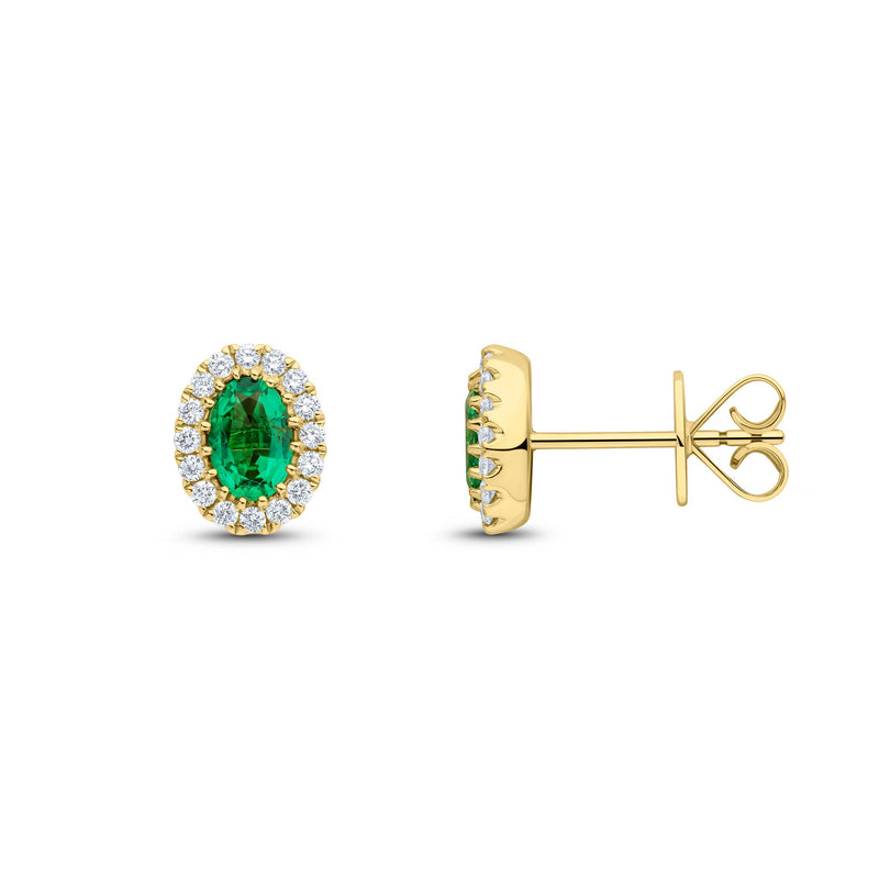 18ct Yellow Gold Oval Natural Emerald & Diamond Halo Cluster Stud Earrings — 6x4mm