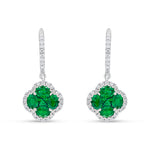 18ct White Gold Natural Diamond Hoop with Natural Emerald & Diamond Quatrefoil Cluster Drop Earrings