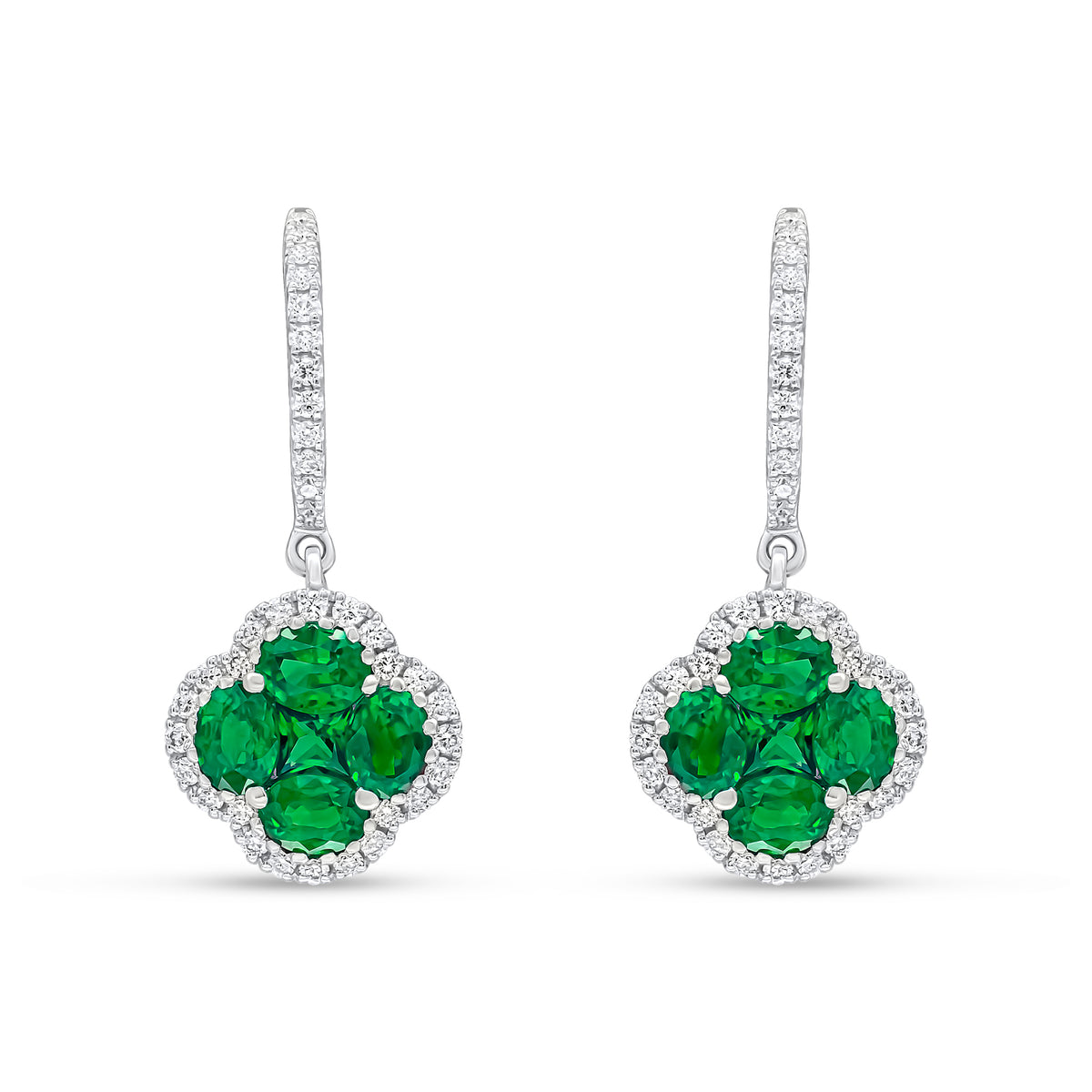 18ct White Gold Natural Diamond Hoop with Natural Emerald & Diamond Quatrefoil Cluster Drop Earrings