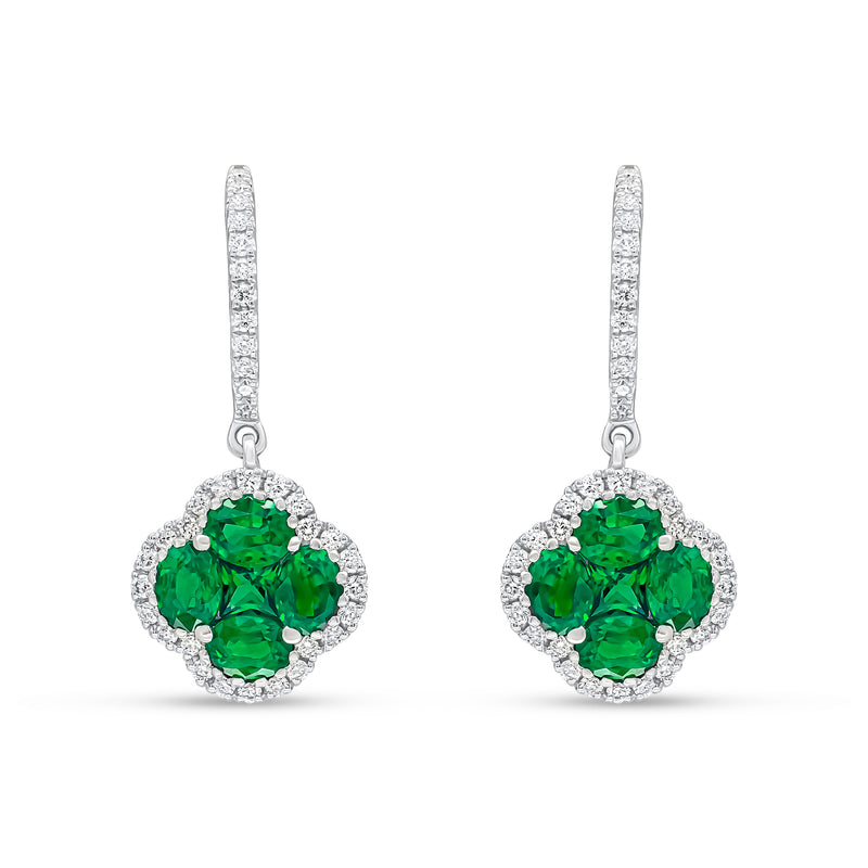 18ct White Gold Natural Diamond Hoop with Natural Emerald & Diamond Quatrefoil Cluster Drop Earrings