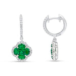 18ct White Gold Natural Diamond Hoop with Natural Emerald & Diamond Quatrefoil Cluster Drop Earrings