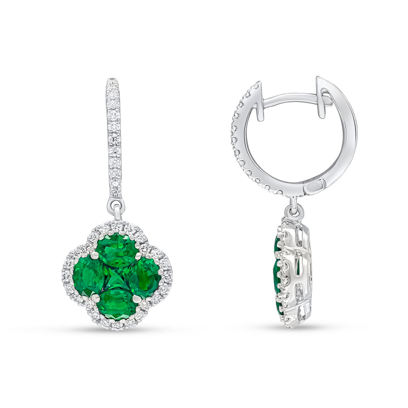 18ct White Gold Natural Diamond Hoop with Natural Emerald & Diamond Quatrefoil Cluster Drop Earrings