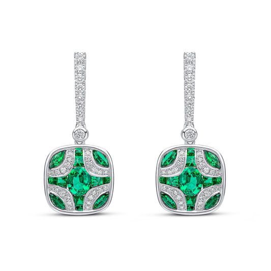 18ct White Gold Emerald and Diamond Shield and Diamond Line Top Drop Earrings — 29mm