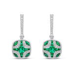 18ct White Gold Natural Emerald & Diamond Shield and Diamond Line Top Drop Earrings