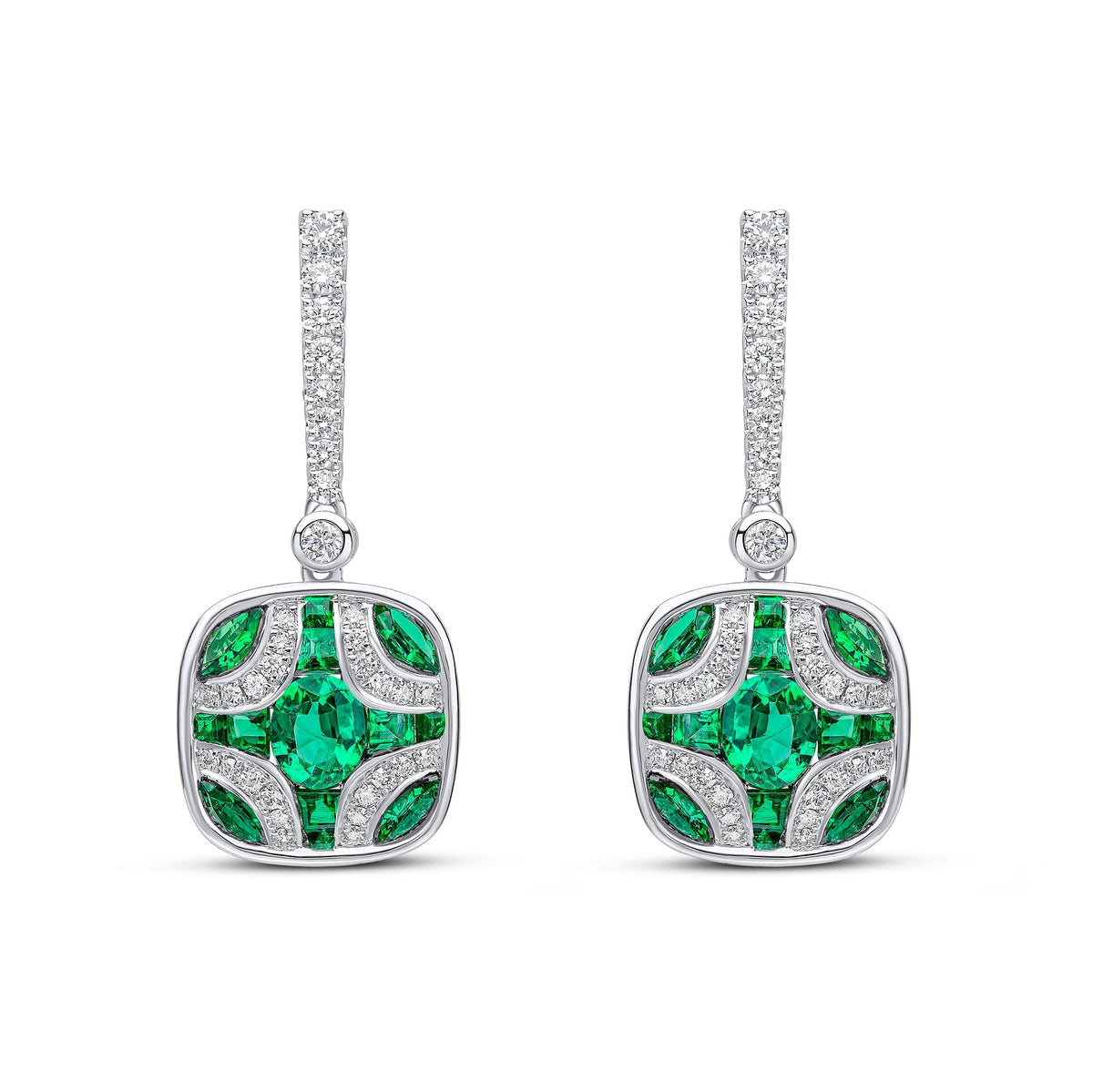 18ct White Gold Natural Emerald & Diamond Shield and Diamond Line Top Drop Earrings