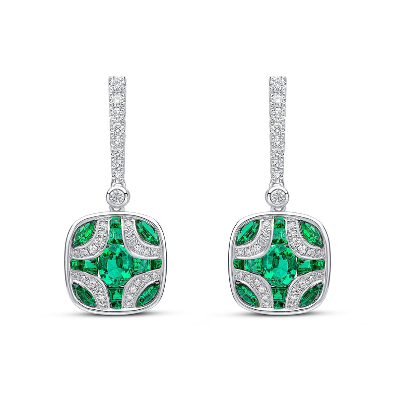 18ct White Gold Natural Emerald & Diamond Shield and Diamond Line Top Drop Earrings