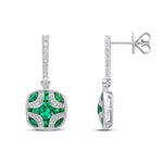 18ct White Gold Natural Emerald & Diamond Shield and Diamond Line Top Drop Earrings
