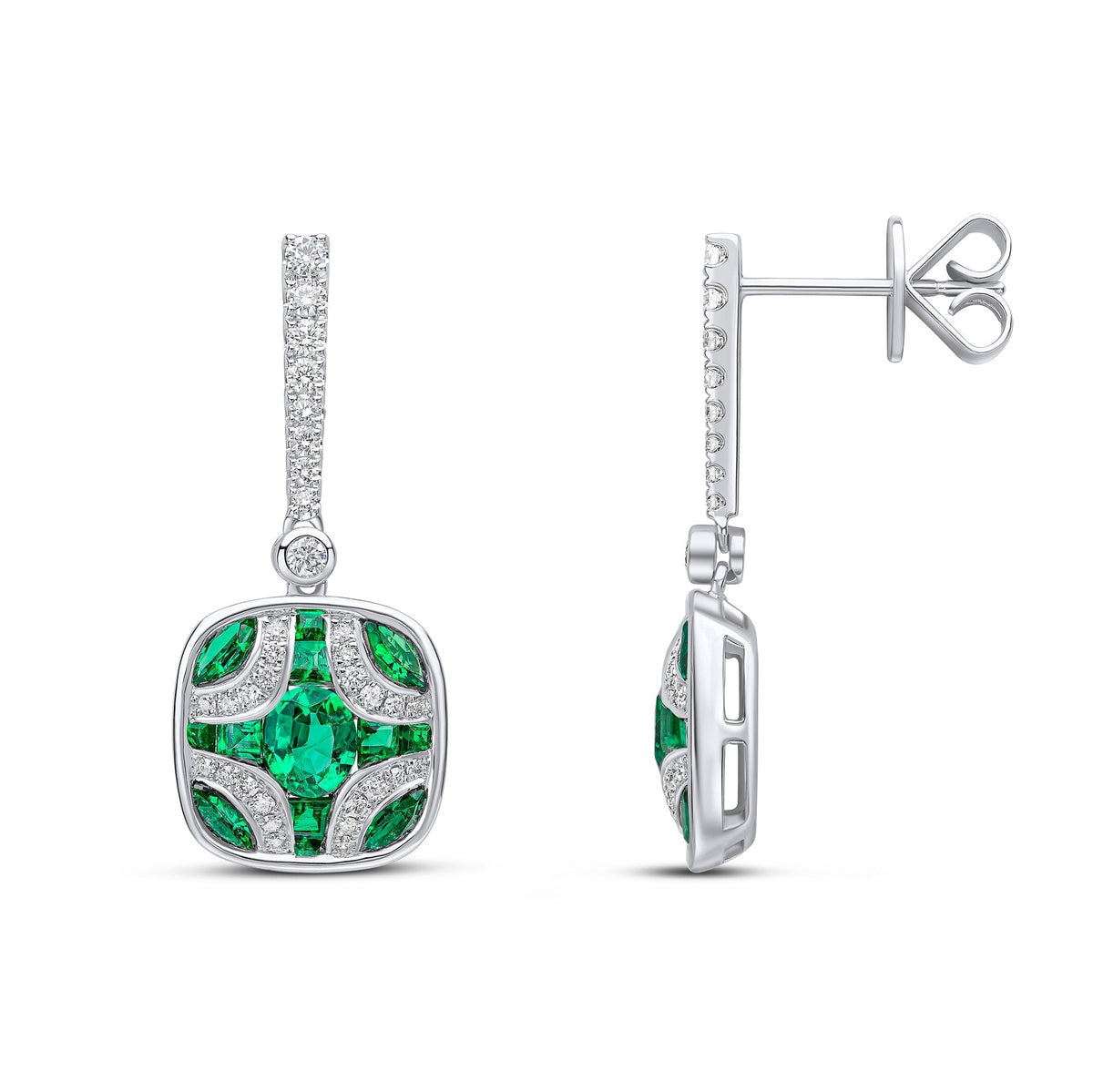 18ct White Gold Natural Emerald & Diamond Shield and Diamond Line Top Drop Earrings