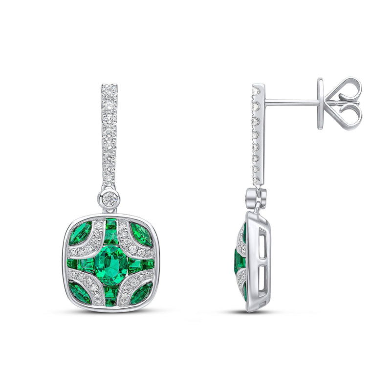 18ct White Gold Natural Emerald & Diamond Shield and Diamond Line Top Drop Earrings