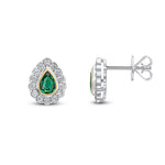 18ct Yellow and White Gold Pear Shaped Natural Emerald & Diamond Rubover Scalloped Edge Cluster Stud Earrings — 6x4mm