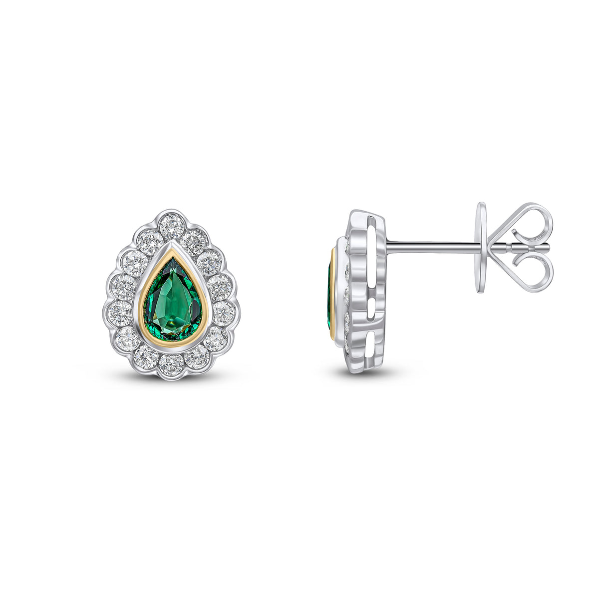 18ct Yellow and White Gold Pear Shaped Natural Emerald & Diamond Rubover Scalloped Edge Cluster Stud Earrings — 6x4mm