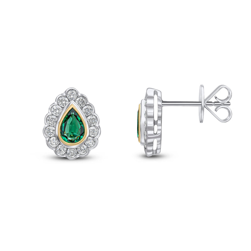 18ct Yellow and White Gold Pear Shaped Natural Emerald & Diamond Rubover Scalloped Edge Cluster Stud Earrings — 6x4mm