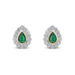 18ct Yellow and White Gold Pear Shaped Natural Emerald & Diamond Rubover Scalloped Edge Cluster Stud Earrings — 6x4mm