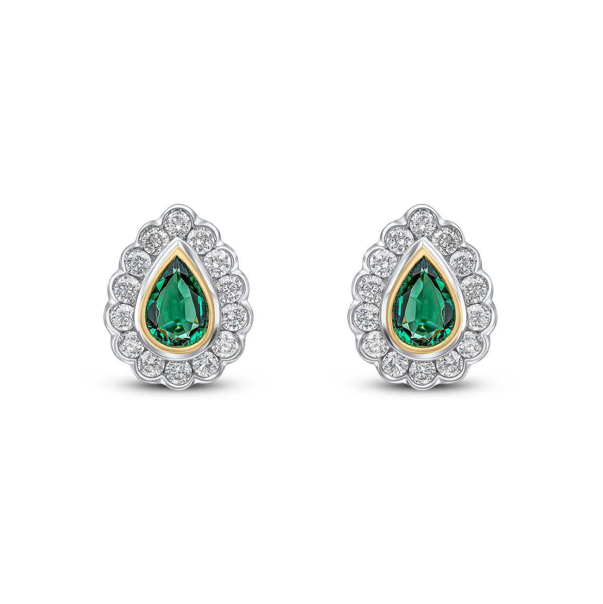 18ct Yellow and White Gold Pear Shaped Natural Emerald & Diamond Rubover Scalloped Edge Cluster Stud Earrings — 6x4mm