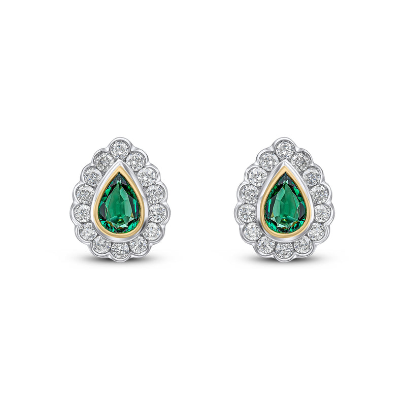 18ct Yellow and White Gold Pear Shaped Natural Emerald & Diamond Rubover Scalloped Edge Cluster Stud Earrings — 6x4mm