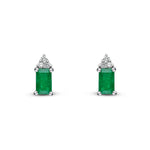 18ct White Gold Octagonal Natural Emerald & Diamond Trefoil Stud Earrings — 5x3mm