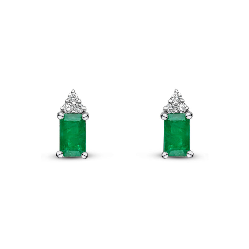 18ct White Gold Octagonal Natural Emerald & Diamond Trefoil Stud Earrings — 5x3mm