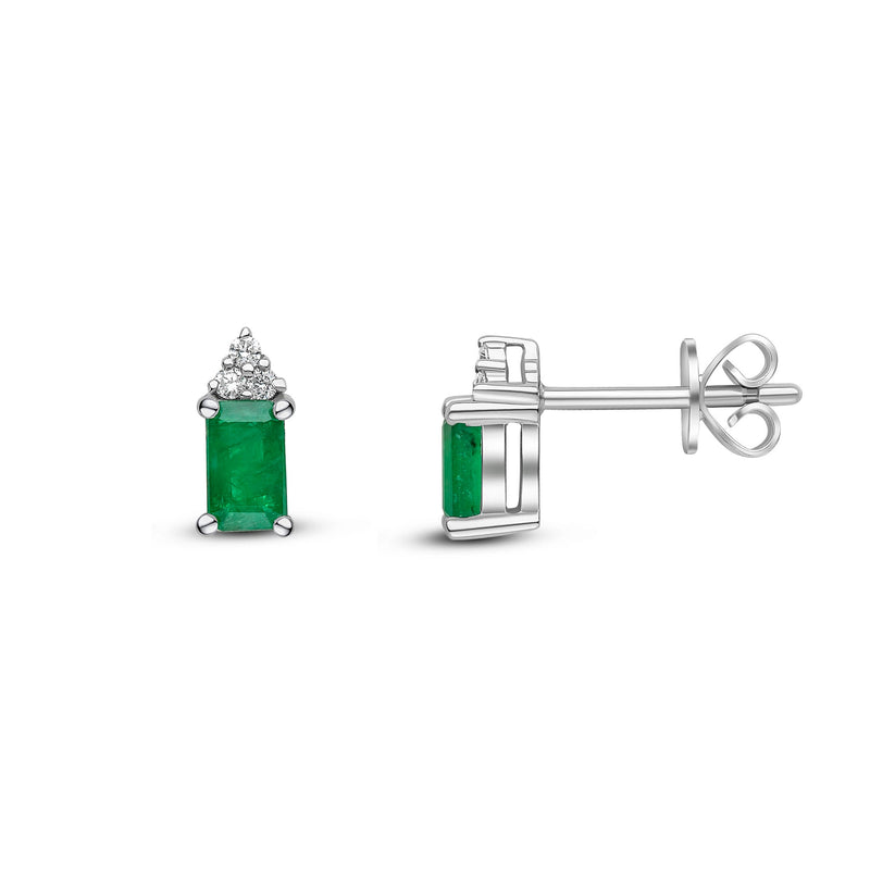 18ct White Gold Octagonal Natural Emerald & Diamond Trefoil Stud Earrings — 5x3mm