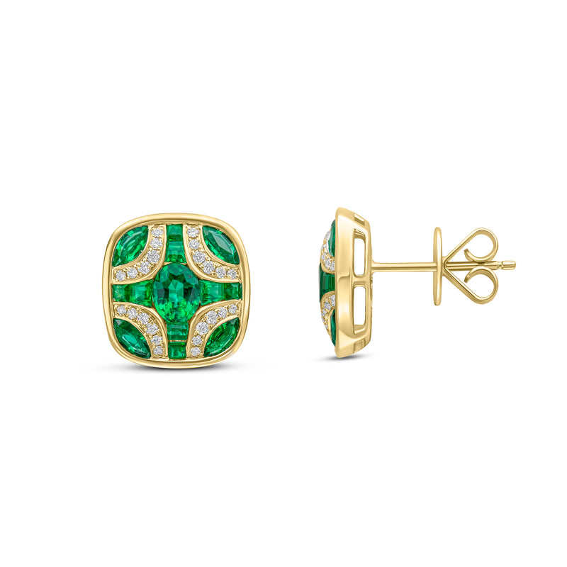 18ct Yellow Gold Natural Emerald & Diamond Shield Stud Earrings