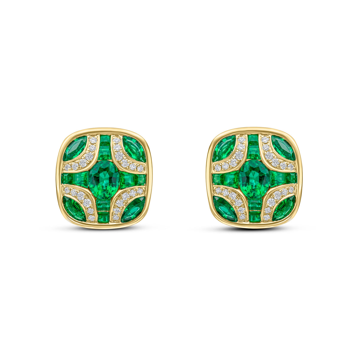 18ct Yellow Gold Natural Emerald & Diamond Shield Stud Earrings