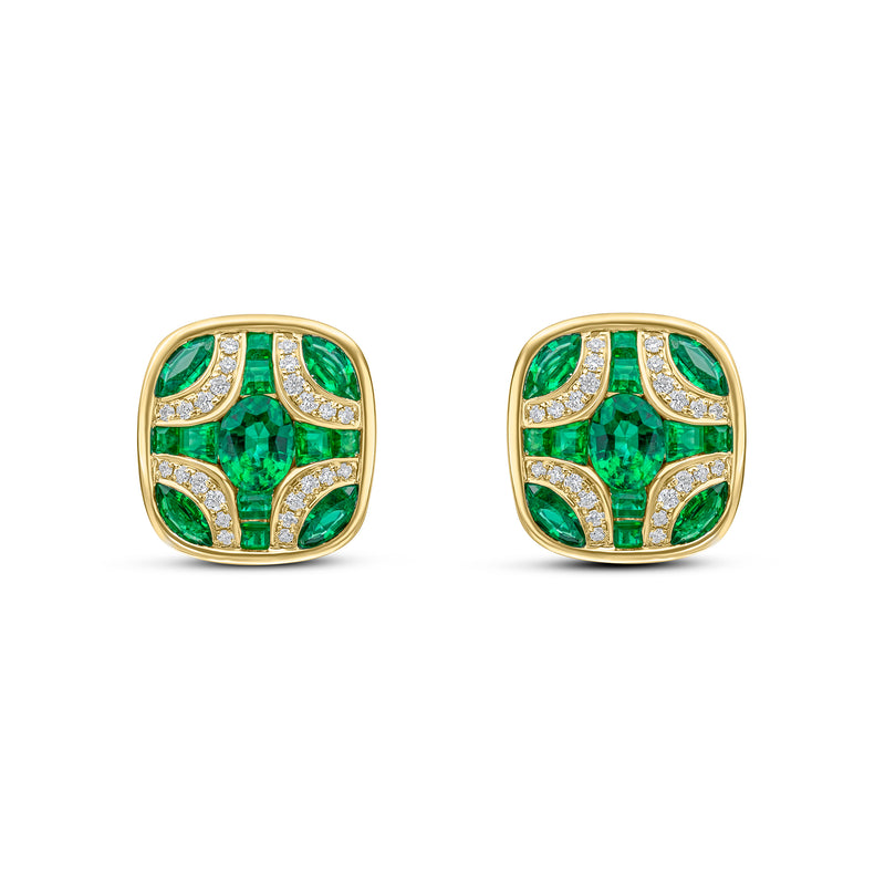 18ct Yellow Gold Natural Emerald & Diamond Shield Stud Earrings